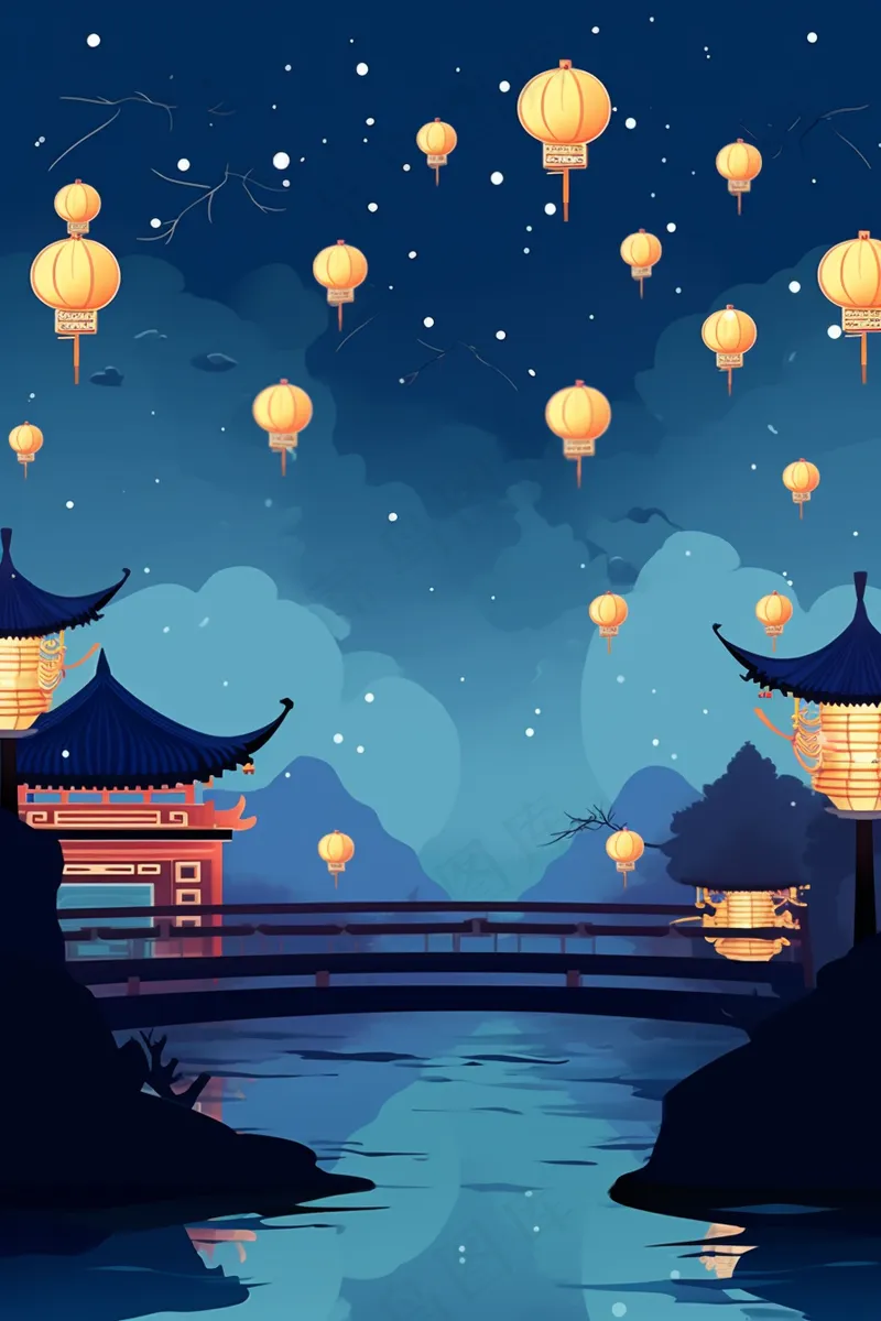 节日灯笼祈福夜晚天水一色蓝色卡通插画插图背景(2688x4032)