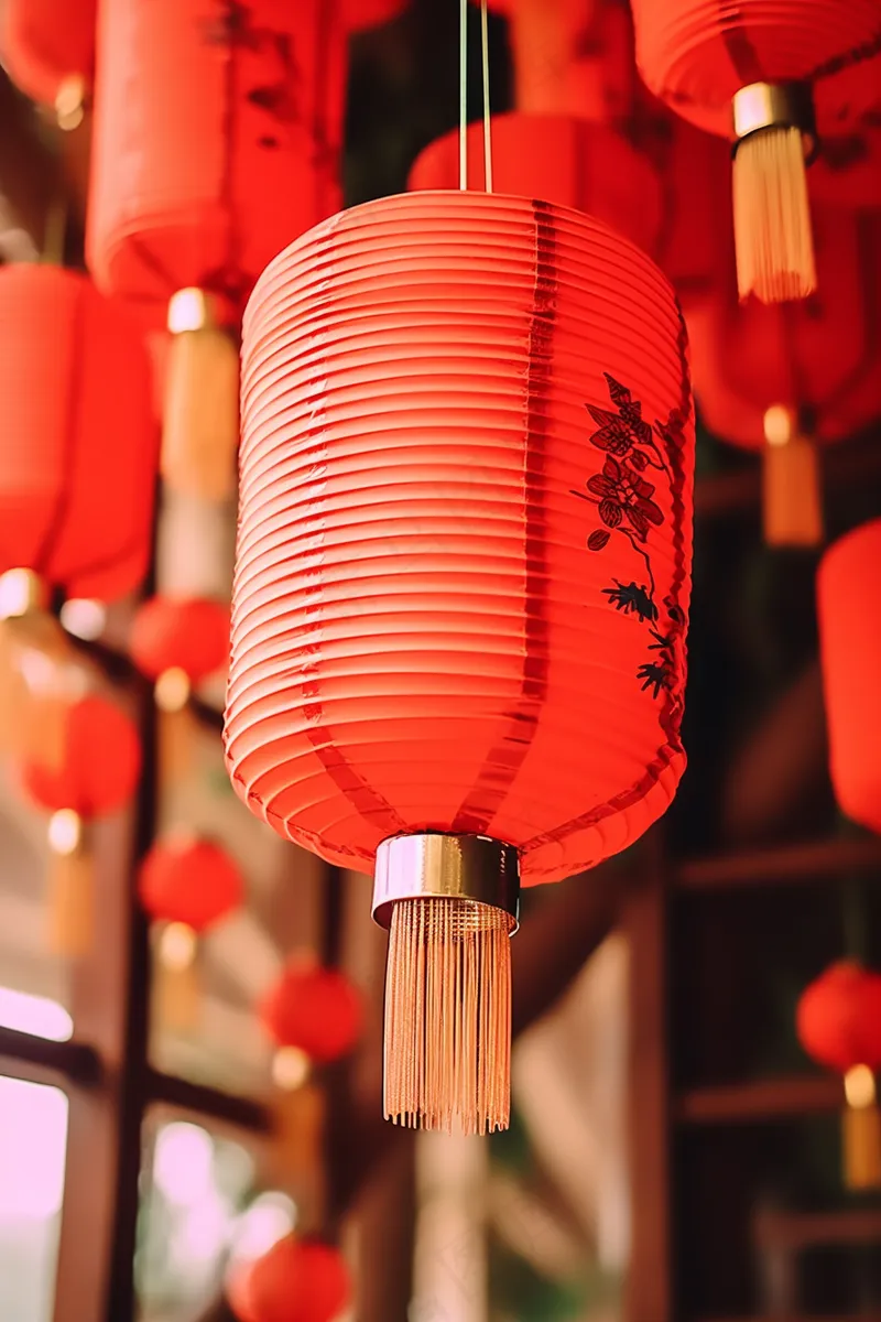 红灯笼新年屋檐挂着点亮的红灯笼中国风摄影图(2688x4032)