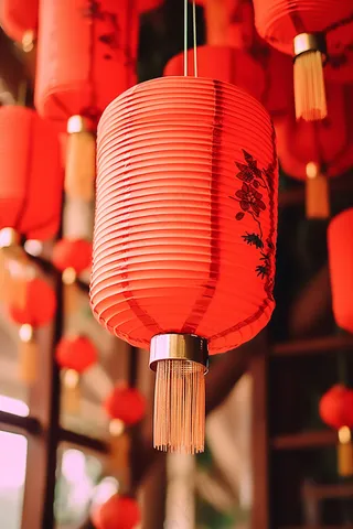 红灯笼新年屋檐挂着点亮的红灯笼中国风摄影图