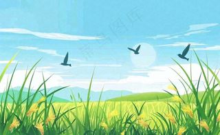春天草场莺飞小麦地绿色麦苗小满芒种立夏卡通插画背景