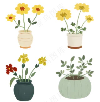 可爱小盆栽一组  简笔画 蜡笔质感 免抠透明底