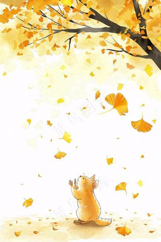 秋天银杏树下的松树秋意金黄色立秋秋分白露唯美插画背景