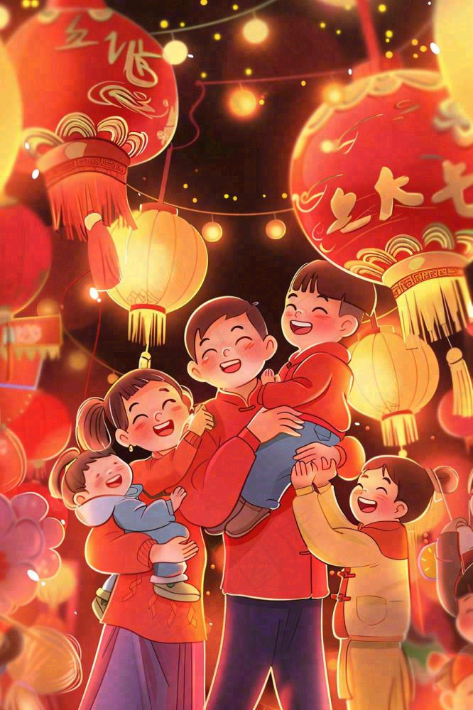 新年热闹的街道张灯结彩红色喜庆背景(896x1344)
