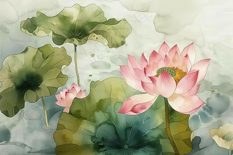 荷花荷叶水墨国画插画背景(4032x2688)