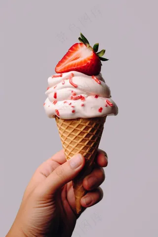 草莓甜筒冰淇淋手握冰淇淋摄影图 