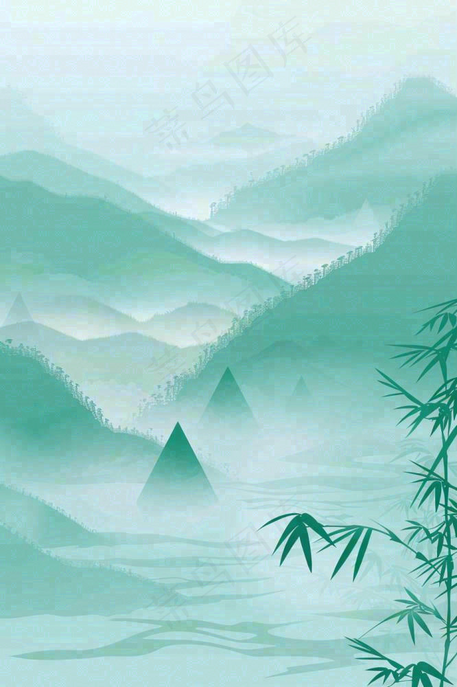 水墨画山水竹林绿色清明端午插画背景(896x1344)
