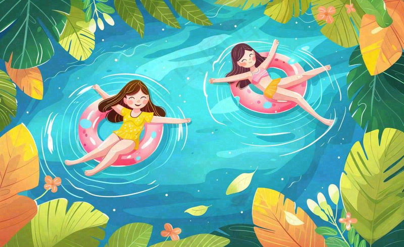 夏天游泳泳池人物游泳女孩蓝色背景泳圈夏日运动立夏大暑小暑夏至卡通插画背景(1408x864)