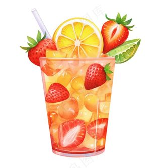 水果茶饮料草莓菠萝橙子柠檬水彩插画免抠