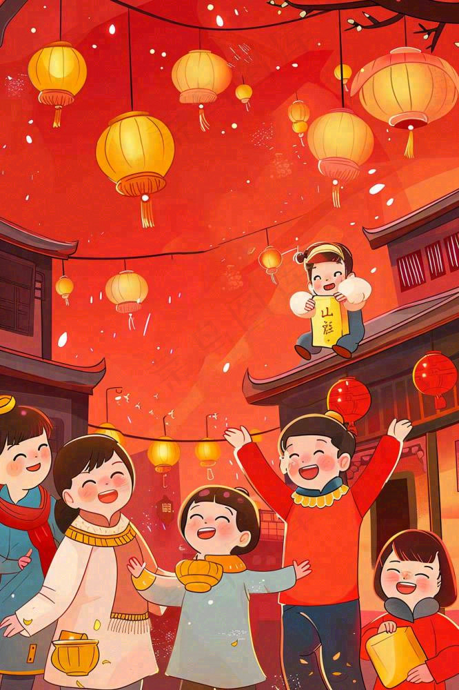 新年除夕热闹的街区烟花庆祝人物插画背景