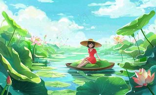 夏日荷叶荷塘女孩坐着船上大暑小暑夏天风景立夏卡通插画背景