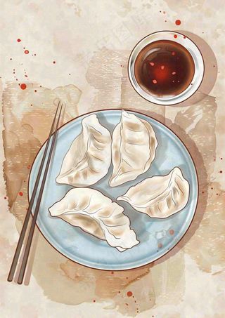 饺子中国传统美食水彩插画冬至节日