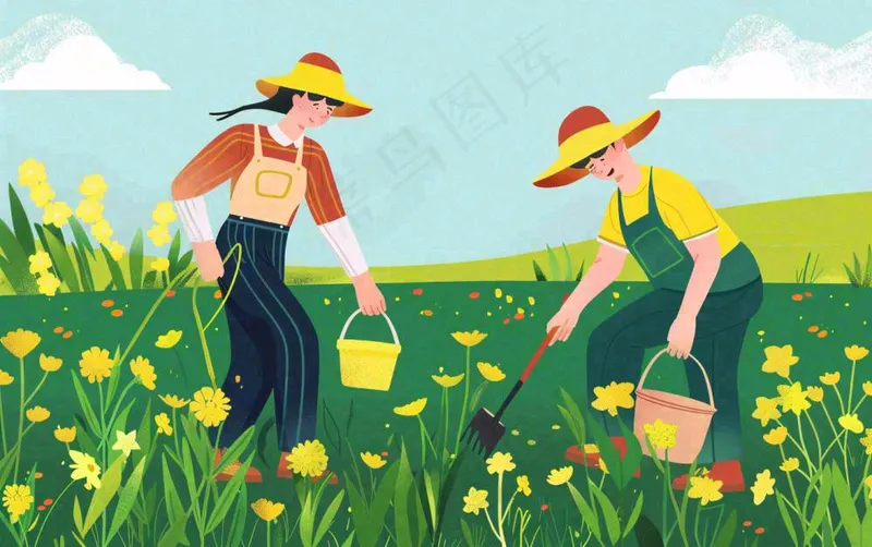春天一家人在种花植树花丛浇水小满卡通插画背景(1376x864)