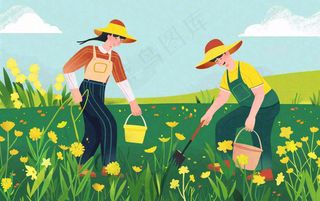 春天一家人在种花植树花丛浇水小满卡通插画背景