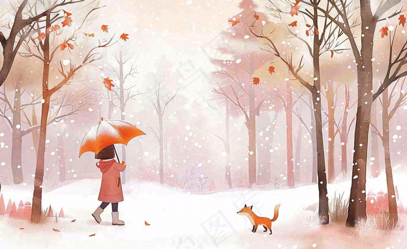 秋冬森林打伞的女孩狐狸动物相遇立冬小雪大雪冬至卡通插画背景