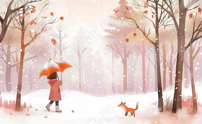 秋冬森林打伞的女孩狐狸动物相遇立冬小雪大雪冬至卡通插画背景(1408x864)