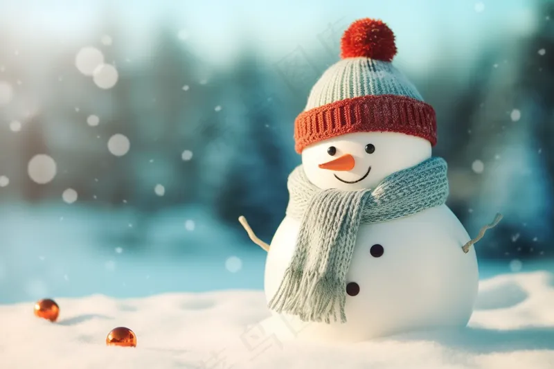 冬季白雪地里的小雪人可爱摄影图(4032x2688)