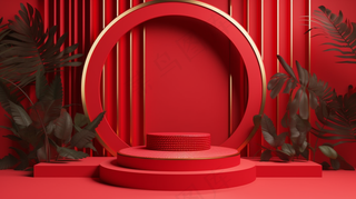 三维渲染的红色中国风电商展台喜庆新春婚庆背景