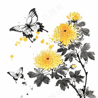 水墨菊花蝴蝶清明中秋插画免抠