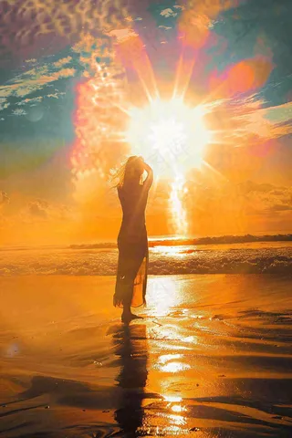 落日海洋沙滩夕阳晚霞摄影图 