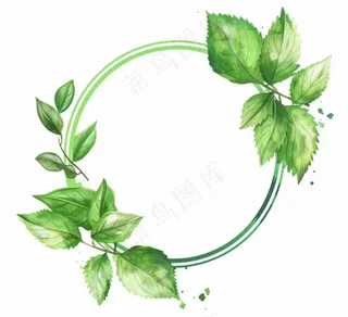 绿叶花环圆形边框水彩画免抠