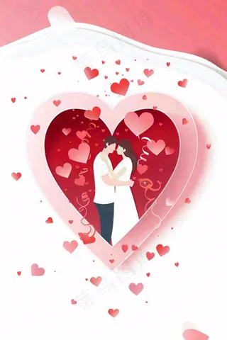 七夕情人节爱心气球相拥的恋人粉色浪漫插画背景