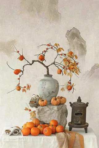 水墨画静物速写柿子花瓶柜台秋天立秋中国风插画背景