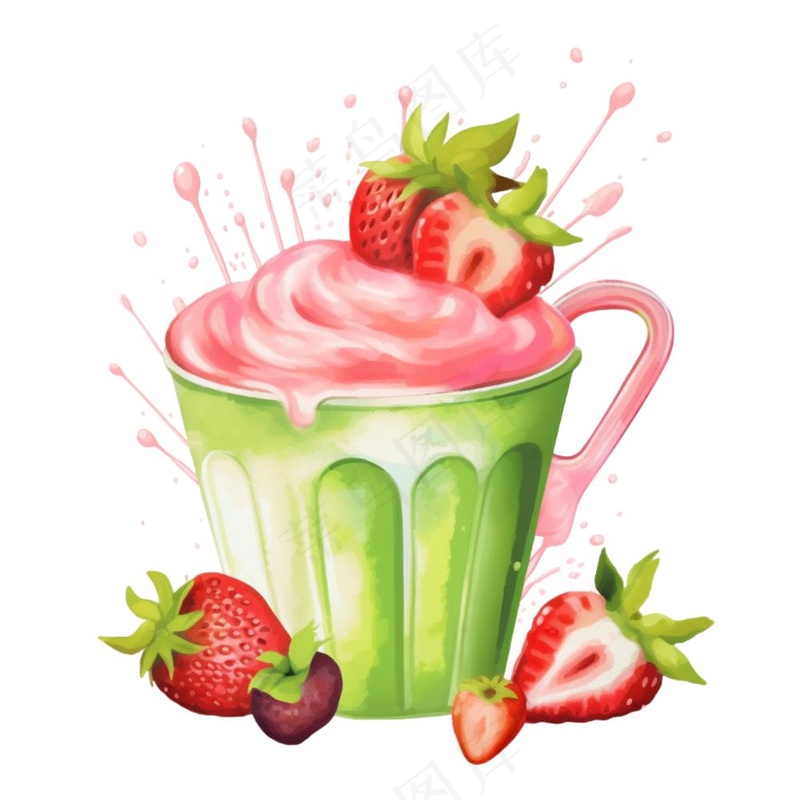 草莓抹茶奶茶冰淇淋奶茶美味夏日卡通插画免抠(1024x1024)