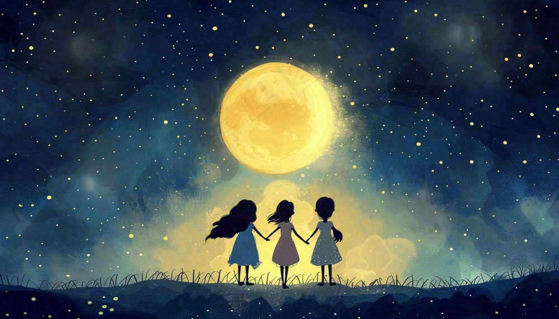 中秋满月小孩手拉手赏月治愈梦幻唯美月亮夜晚水彩插画背景(1456x832)