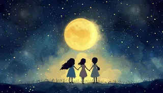 中秋满月小孩手拉手赏月治愈梦幻唯美月亮夜晚水彩插画背景