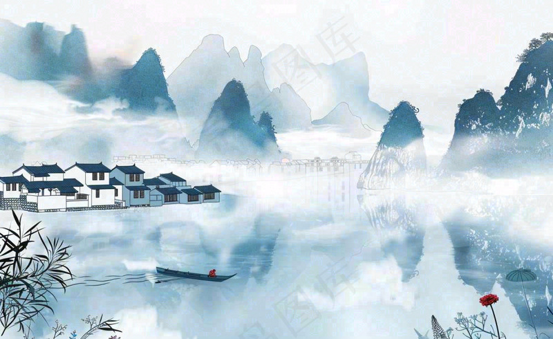 水墨山水江南水乡屋檐白露寒露冷清插画背景(1408x864)