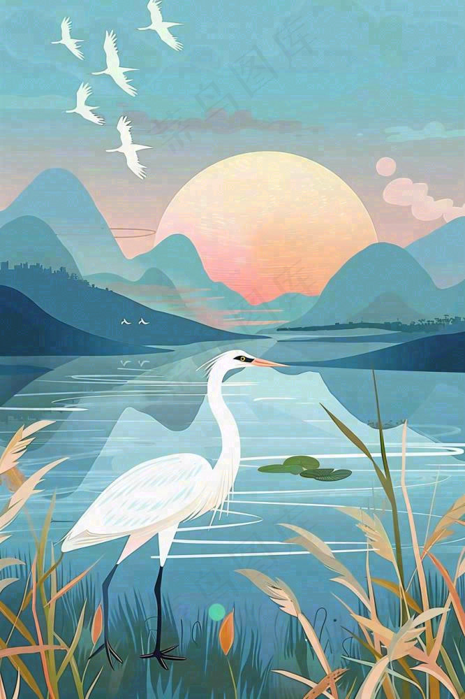 秋日芦苇荡的白鹭湖泊山水日落白露寒露插画背景(896x1344)