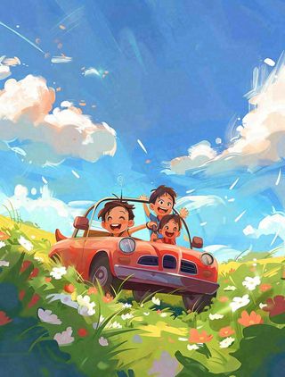 春夏开车环游踏青草丛花丛蓝天白云惊蛰立夏春分小暑卡通插画背景