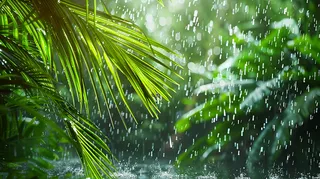 大雨下的植物被雨滴敲打摄影图