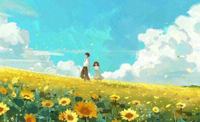 向日葵花海里的情侣恋人浪漫蓝天白云立夏夏至情人卡通插画背景
