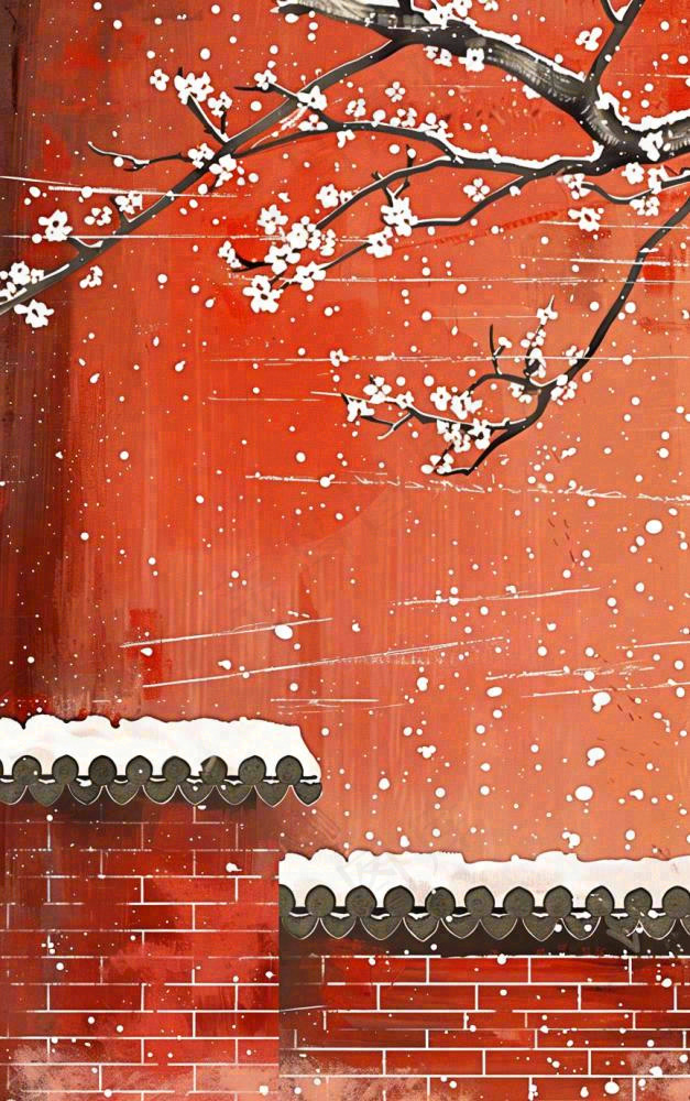 红色宫墙高处梅花枝条小雪大雪冬至古风中国风插画背景(864x1376)