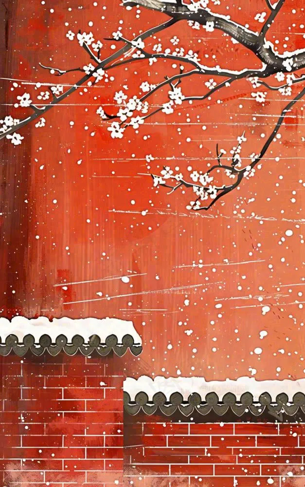 红色宫墙高处梅花枝条小雪大雪冬至古风中国风插画背景(864x1376)