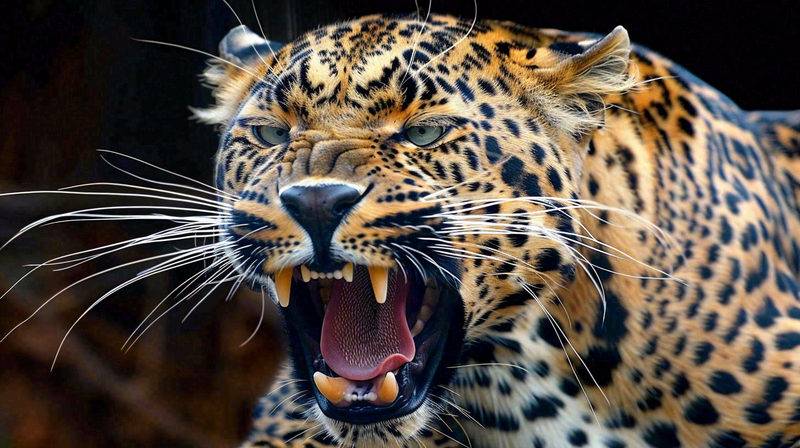 a close up of a leopard with its mouth open, a picture by Bernard D’Andrea, pexels, sumatraism, fierce expression 4k, ferocious appearance, mouth open in a terrifying roar (4368x2448)