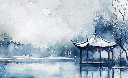 古风水墨中国风风景冬天凉亭雪花大寒小雪大雪插画背景 古风水墨中国风风景冬天凉亭雪花大寒小雪大雪插画背景