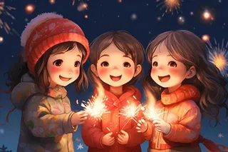 新年除夕放烟花爆竹的孩童庆祝新年喜庆卡通插画背景