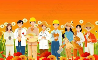 卡通人物劳动节职业人员橙色背景卡通插画背景
