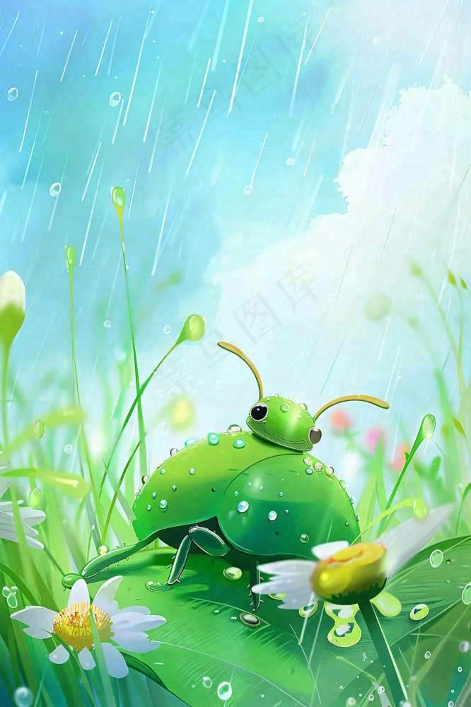 春天绿色甲壳虫昆虫草丛花朵雨水谷雨惊蛰卡通插画背景(896x1344)