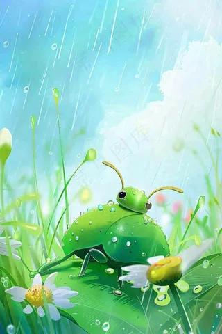 春天绿色甲壳虫昆虫草丛花朵雨水谷雨惊蛰卡通插画背景