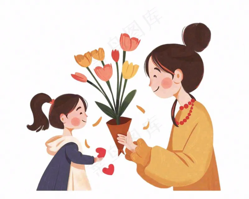 母亲节送花母女妈妈亲情人物卡通插画免抠(1200x960)