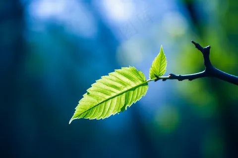 树抽新芽嫩叶碧蓝背景摄影图