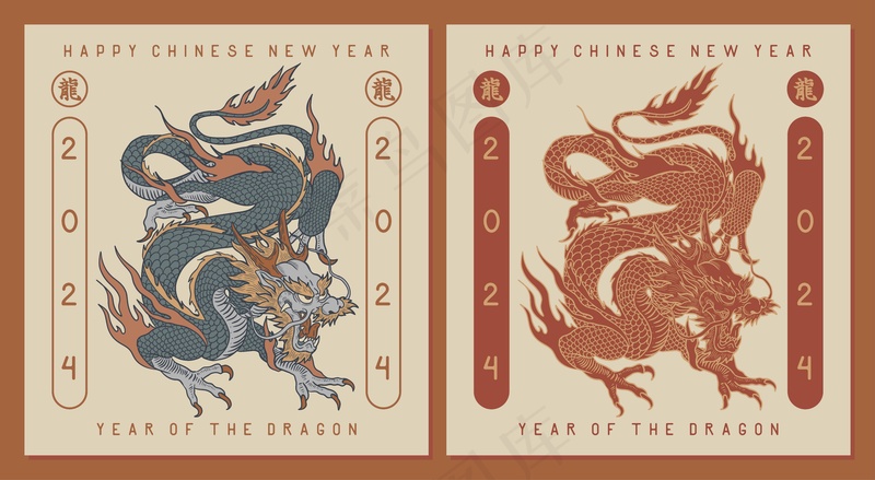 新年龙年新春春节中式复古插画海报素材 (6)eps,ai矢量模版下载