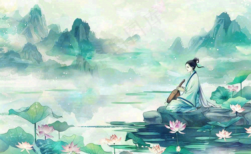 古风屈原人物山水画荷花端午时节中国风水墨插画背景(1408x864)