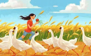 秋天丰收农田女孩赶鸭鹅农活农忙欢乐金色麦田秋分立秋芒种卡通插画背景