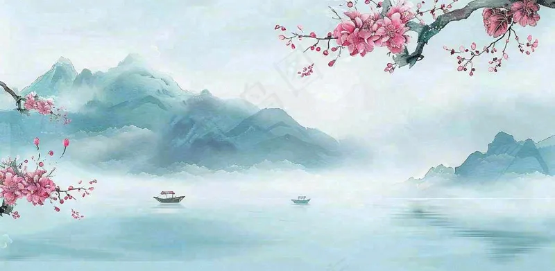 中国风水墨画山水船梅花春天春分清明插画背景(1568x768)