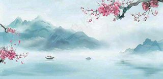 中国风水墨画山水船梅花春天春分清明插画背景