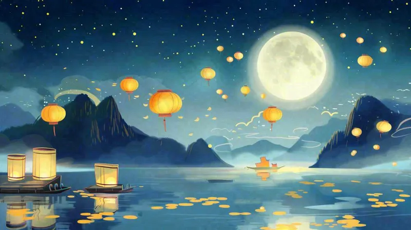 中秋河灯孔明灯中元节风景寒衣节黑夜中元节夜晚月亮唯美插画背景(1456x816)